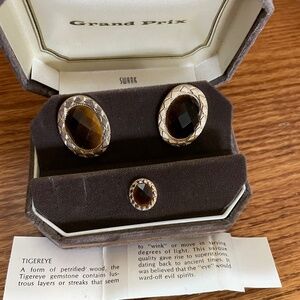 VTG Swank Grand Prix Tigereye Cufflink & Tie Tack Set